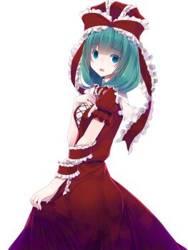 Rule 34 | 1girl, commentary request, cowboy shot, crote, dress, frilled ribbon, frilled sleeves, frills, from side, front ponytail, furrowed brow, green eyes, green hair, hair ribbon, hand on own chest, hand up, highres, kagiyama hina, large variant set, long dress, long hair, looking at viewer, open mouth, puffy short sleeves, puffy sleeves, red dress, red ribbon, ribbon, short sleeves, skirt hold, solo, standing, teeth, touhou, transparent background, turning head, upper teeth only, variant set, wide-eyed