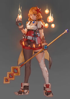 1girl absurdres alternate_costume asymmetrical_legwear azusa_(cookie) belt black_belt black_choker black_thighhighs blonde_hair blue_gemstone book bow braid breasts choker closed_mouth commentary_request cookie_(touhou) corset d_tomoki fingerless_gloves fire full_body gem gloves grey_background hair_bow hair_ornament highres holding holding_staff kirisame_marisa long_hair looking_at_viewer magic mismatched_legwear orange_eyes pyrokinesis red_corset red_star shirt side_braid simple_background single_braid small_breasts smile solo staff standing star_(symbol) star_hair_ornament thigh_strap thighhighs touhou white_bow white_shirt white_thighhighs