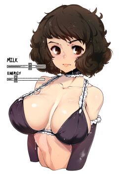 1girl absurdres attribute_slider bare_shoulders breast_slider breasts brown_eyes brown_hair choker cleavage curly_hair detached_sleeves gameplay_mechanics highres kawakami_sadayo lace large_breasts lingerie maid milk persona persona_5 slider slugbox sweat transformation underwear white_background