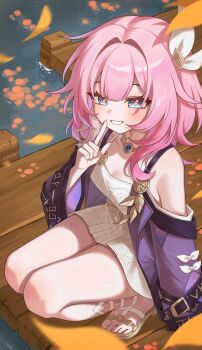 1girl absurdres bare_shoulders blue_eyes breasts cleavage coat cyrene_(aedes_elysiae)_(honkai:_star_rail) cyrene_(honkai:_star_rail) dress hair_ornament highres honkai:_star_rail honkai_(series) jewelry looking_at_viewer necklace nhom_(woogi) pink_hair purple_coat revision sandals short_hair small_breasts smile solo squatting thighs toes water white_dress