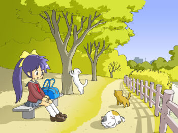 cat duplicate fence kabiinyo_(kab) original pixel-perfect_duplicate ponytail school_uniform serafuku
