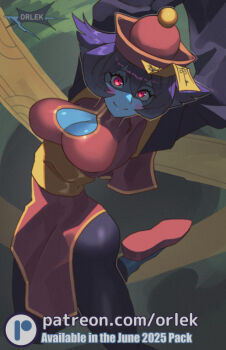 Rule 34 | 1girl, arms up, blue skin, breasts, chinese clothes, cleavage, colored skin, darkstalkers, hsien-ko, jiangshi, leg up, looking at viewer, orlek, purple hair, red eyes, ribbon, short hair, side slit, talisman, yellow ribbon
