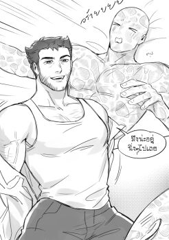 &gt;_&lt; 2boys arm_hair bald bara beard blush boy_on_top chest_hair commentary_request deadpool deadpool_&amp;_wolverine deadpool_(series) dreaming_oor facial_hair highres large_pectorals looking_at_another lying male_focus marvel marvel mature_male monochrome multiple_boys muscular muscular_male on_back pants pectorals scar scars_all_over shirt short_hair smirk speech_bubble straddling tank_top too_many translation_request undressing veins veiny_arms wolverine_(x-men) x-men yaoi