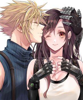 1boy 1girl bare_shoulders black_gloves blonde_hair blue_sweater blush bracelet breasts brown_hair cleavage closed_eyes closed_mouth cloud_strife commentary_request couple crop_top earrings final_fantasy final_fantasy_vii final_fantasy_vii_remake fingerless_gloves gloves hand_on_another's_head heads_together hetero highres jewelry large_breasts long_hair materia one_eye_closed quichi_91 red_eyes ribbed_sweater single_earring sleeveless sleeveless_turtleneck spiked_hair straight-on suspenders sweatdrop sweater tank_top teardrop_earrings tifa_lockhart turtleneck turtleneck_sweater upper_body white_tank_top