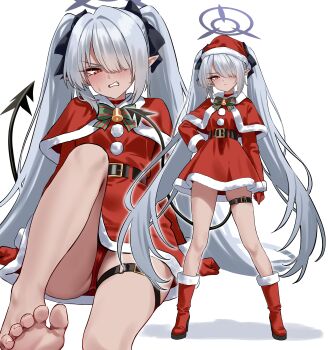 1girl absurdres alternate_costume barefoot blue_archive boots chinese_commentary closed_mouth commentary english_commentary feet fur-trimmed_headwear fur_trim gloves grey_hair hair_over_one_eye halo hat highres iori_(blue_archive) knee_boots long_hair long_sleeves mixed-language_commentary multiple_views one_eye_covered panties pointy_ears red_boots red_eyes red_gloves red_hat red_panties santa_costume santa_hat shigure_s simple_background sitting standing tail teeth thigh_strap thighs toes twintails underwear very_long_hair white_background