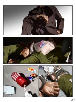 2boys bara comic cum doosoo formal_clothes ace_attorney handcuffed highres dick_gumshoe male_focus multiple_boys restrained sex_toy suit tenga yaoi