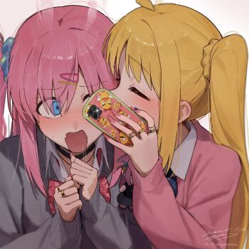 2girls ahoge black_choker blonde_hair blue_bow blue_bowtie blue_eyes blush bocchi_the_rock! bow bowtie cellphone character_doll choker closed_eyes collared_shirt commentary_request doll ear_blush fingernails gotoh_hitori hair_ornament hairclip highres holding holding_phone ijichi_nijika kiss kissing_cheek long_fingernails long_hair multiple_girls open_mouth phone pink_hair pink_nails pink_sweater red_bow red_bowtie school_uniform seisyuntarotto selfie shirt side_ponytail signature simple_background smartphone sweater taking_picture white_background white_shirt yuri