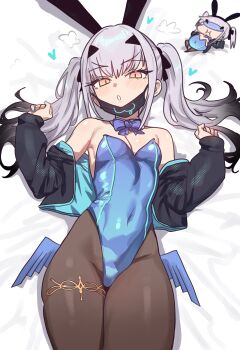 1girl absurdres animal_ears bad_link bare_shoulders black_jacket blue_leotard bow bowtie breasts brown_pantyhose chibi covered_navel cropped_jacket detached_collar dragon_wings ebora fake_animal_ears fate/grand_order fate_(series) forked_eyebrows highleg highleg_leotard highres jacket jewelry leotard loli long_hair long_sleeves looking_at_viewer lying mask melusine_(fate) mouth_mask off_shoulder on_back open_mouth pantyhose playboy_bunny pomf rabbit_ears sidelocks small_breasts thighlet thighs twintails white_hair wings yellow_eyes