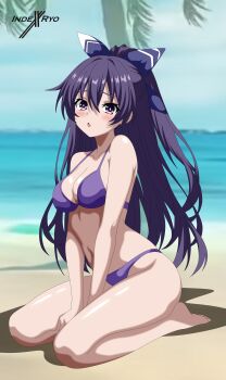 Rule 34 | 1girl, absurdres, azur lane, barefoot, beach, bikini, blush, bow, breasts, cleavage, date a live, embarrassed, hair bow, high ponytail, highres, indexryo, large breasts, long hair, looking at viewer, navel, official alternate costume, parted lips, ponytail, purple bikini, purple eyes, purple hair, raised inner eyebrows, sand, sitting, solo, stomach, swimsuit, water, yatogami tohka, yatogami tohka (break time)