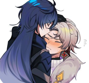 Rule 34 | 2boys, absurdres, black gloves, blue hair, blush, closed eyes, closed mouth, coat, commentary, earrings, english commentary, flins (genshin impact), flying sweatdrops, genshin impact, gloves, grey hair, hair between eyes, hand on another's head, highres, illuga (genshin impact), jewelry, long hair, male focus, memeh, mole, mole under eye, multicolored hair, multiple boys, scar, scar on neck, signature, simple background, upper body, very long hair, white background, yaoi