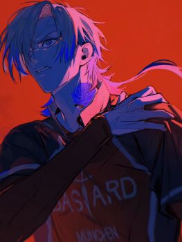 Rule 34 | 1boy, bastard munchen soccer uniform, blonde hair, blue hair, blue lock, clenched teeth, closed mouth, collared shirt, commentary, flower tattoo, hand on own shoulder, highres, layered sleeves, long sleeves, looking ahead, male focus, michael kaiser, neck tattoo, pcal pcal, red background, shirt, short hair with long locks, short over long sleeves, short sleeves, simple background, slit pupils, soccer uniform, solo, sportswear, tattoo, teeth, upper body