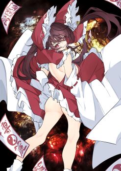 1girl absurdres ass bare_back black_background brown_hair commentary_request detached_sleeves dress frills hakurei_reimu highres legs looking_at_viewer ofuda red_dress red_eyes smile touhou unanooo_(fthx7532)