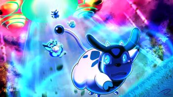 abduction absurdres blue_eyes blurry commentary_request dynamax flying_saucer gen_2_pokemon gen_8_pokemon gigantamax gigantamax_orbeetle grass highres jarzard looking_back miltank nintendo no_humans open_mouth orbeetle parody pokemon pokemon_(creature) rock scared signature spacecraft tears tongue