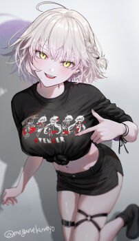 1girl black_shirt blush boots breasts commentary_request fate/grand_order fate_(series) grey_hair highres jeanne_d'arc_alter_(fate) large_breasts looking_at_viewer midriff navel omizu_(omz) open_mouth shirt short_braid short_hair short_sleeves smile solo thighs tied_shirt yellow_eyes