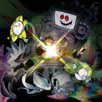 absurdres anniversary asriel_dreemurr asriel_dreemurr_(god_of_hyperdeath) black_background brown_hair chara_(undertale) claws closed_eyes colored_sclera crying darkness english_text extra_eyes fangs floating floating_hair flowey_(undertale) frisk_(undertale) glowing green_eyes highres holding_hands horns one_eye_closed open_mouth petals photoshop_flowey plant red_sclera smile sweater tears teeth television transformation undertale utdr_(toby_fox)