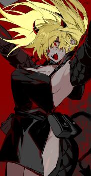 1girl :d abstract_background apron arms_up black_apron black_horns black_tail blonde_hair breasts cleavage cowboy_shot crazy crazy_smile crotchless crotchless_pants curled_horns curvy demon_horns demon_tail dorohedoro floating_hair gauntlets horns hou_(ppo) large_breasts long_hair looking_ahead nearly_naked_apron nikaidou_(dorohedoro) open_mouth pants pouch red_background red_eyes sideboob smile solo tail teeth thick_thighs thigh_pouch thighs upper_teeth_only wide-eyed