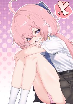 1girl absurdres ahoge black_skirt blue_eyes blush encore_(wuthering_waves) flower-shaped_pupils heart highres knees_up loli looking_at_viewer necktie oldsickkim panties pantyshot pink_hair pink_panties school_uniform shirt sitting skirt smile socks solo spoken_heart symbol-shaped_pupils thighs underwear white_shirt white_socks wuthering_waves
