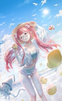 1girl artist_request bandaid_on_thigh bare_legs bespectacled bikini blue-framed_eyewear blue_bikini blue_sky blunt_bangs breasts brown_eyes brown_hat cleavage cloud collarbone crossed_bandaids double_bun dress dutch_angle eyelashes feet_out_of_frame floating floating_object flower frilled_dress frilled_sleeves frills game_cg glasses hair_bun hair_half_over_shoulder hair_ornament hairclip hand_on_headwear hat heart heart_print highres holding holding_toy ice ice_cube jacket knees leaning_forward light_particles long_hair long_sleeves nikki_(nikki) nikki_(series) official_art open_clothes open_jacket open_mouth parachute pink_hair plaid_bikini plaid_clothes puffy_long_sleeves puffy_sleeves rubber_duck see-through_clothes shining_nikki sky solo squid star_(symbol) star_hair_ornament summer summer_sea_breeze_(shining_nikki) sun sun_hat swimsuit third-party_source toy twintails white_jacket