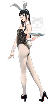 1girl absurdres animal_ear_hairband animal_ears ass black_bow black_bowtie black_hair black_leotard bow bowtie breasts detached_collar fake_animal_ears full_body green_eyes hairband highres kantai_collection leotard long_hair looking_at_viewer looking_back ojipon ooyodo_(kancolle) pantyhose playboy_bunny rabbit_ears rabbit_tail see-through_strap simple_background small_breasts solo strapless strapless_leotard tail tray twisted_torso watermark white_background white_pantyhose wrist_cuffs