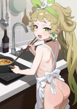 1girl 2025 absurdres apron ass blush choker cooking earrings flower_earrings from_behind green_eyes hair_ribbon hairband highres jewelry kitchen legs loli long_hair looking_at_viewer naked_apron nude q_haoyu ribbon smile solo standing thighs verina_(wuthering_waves) wuthering_waves