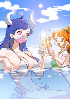 2girls ahoge bare_shoulders bikini blue_hair blue_sky breasts brown_eyes cleavage cloud cloudy_sky commentary cup drinking_glass feet_out_of_frame green_bikini halterneck high_ponytail holding holding_cup horns large_breasts long_hair mask mouth_mask multiple_girls nami_(one_piece) navel one_piece open_mouth orange_hair outdoors partially_submerged pink_eyes ponytail pool raine_(acke2445) shoulder_tattoo side-tie_bikini_bottom single_sidelock sky stomach sun swimsuit symbol-only_commentary tattoo toasting_(gesture) ulti_(one_piece) water white_bikini