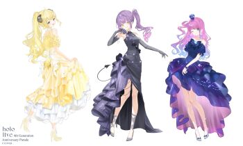 3girls ;d absurdres ahoge animal_ears black_dress black_gloves blonde_hair blue_dress blue_hair center-flap_bangs closed_mouth clothes_lift clothing_cutout colored_inner_hair commentary crown demon_girl demon_tail double-parted_bangs dress ear_piercing elbow_gloves evening_gown frilled_dress frills full_body gloves gradient_hair green_eyes hair_ornament hair_rings halter_dress halterneck harui_(hr_x9_) heterochromia high_heels highres himemori_luna holoforce hololive horns long_hair looking_at_viewer mini_crown multicolored_hair multiple_girls off-shoulder_dress off_shoulder official_art one_eye_closed one_side_up open_mouth piercing pink_hair pointy_ears pom_pom_(clothes) pom_pom_hair_ornament ponytail puffy_short_sleeves puffy_sleeves purple_eyes purple_hair sheep_ears sheep_girl sheep_horns sheep_tail short_sleeves shoulder_cutout sidelocks simple_background single_hair_ring skirt skirt_lift sleeveless sleeveless_dress smile symbol-only_commentary tail tail_ornament tail_piercing tokoyami_towa tsunomaki_watame very_long_hair virtual_youtuber wavy_hair white_background yellow_dress