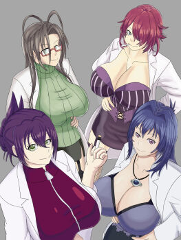 4girls black_skirt black_thighhighs blue_eyes blue_hair blush breasts cleavage closed_mouth coat curvy female_focus fishnet_legwear fishnets garter_straps glasses green_eyes hair_over_one_eye hand_on_own_hip hands_on_own_hips hasegawa_chisato high_heels highres huge_breasts kono_yo_no_hate_de_koi_wo_utau_shoujo_yu-no lab_coat large_breasts legs legs_apart long_hair looking_at_viewer maken-ki! mature_female miniskirt mole monstersketch multiple_girls nijou_aki nurse oikawa_urada purple_hair purple_shirt red_hair seikon_no_qwaser shinmai_maou_no_testament shirt short_hair simple_background skirt smile standing stitched striped_clothes striped_shirt sweater tagme takeda_eriko thick_thighs thighhighs thighs third-party_edit trait_connection white_coat wide_hips zettai_ryouiki zipper