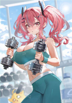 1girl absurdres amam_(64943468) azur_lane bare_shoulders blue_sky blurry blurry_background blush breasts bremerton_(azur_lane) chinese_commentary cloud cloudy_sky day dumbbell green_pants green_sports_bra gym hair_intakes hair_ornament hairclip highres holding holding_dumbbell huge_breasts indoors jewelry long_hair looking_at_viewer manjuu_(azur_lane) mole mole_under_eye multicolored_hair navel necklace pants pink_eyes pink_hair plastic_bottle sky sports_bra stomach streaked_hair sweat thighs twintails two-tone_hair window yoga_pants