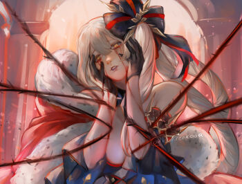 1girl blonde_hair blood blood_on_face breasts cape cleavage commentary english_commentary fate/grand_order fate_(series) fur-trimmed_cape fur_trim highres long_hair marie_antoinette_(fate) marie_antoinette_alter_(fate) parted_lips plant red_cape renrenka_noi solo thorns vines yellow_eyes