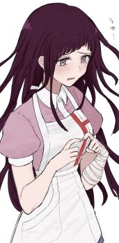 Rule 34 | 1girl, aosuke (02ao 04 ), apron, bandaged arm, bandages, blue skirt, breasts, brown hair, collared shirt, commentary, crying, crying with eyes open, danganronpa (series), danganronpa 2: goodbye despair, finger touching, hands up, highres, long hair, looking down, medium breasts, mole, mole under eye, pink shirt, puffy short sleeves, puffy sleeves, shirt, short sleeves, skirt, solo, tears, tsumiki mikan, white apron