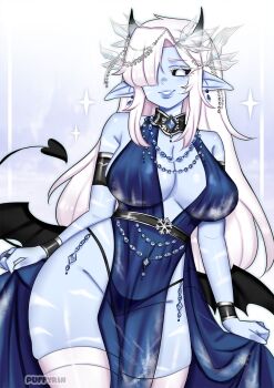 1girl armlet artist_name bare_shoulders belt black_belt black_collar black_horns black_panties black_sclera black_tail black_wings blue_dress blue_eyes blue_gemstone blue_skin bracelet breasts center_opening cleavage_cutout clothing_cutout collar colored_sclera colored_skin commentary commission cowboy_shot demon_horns demon_tail demon_wings dress earrings english_commentary gem grin hair_ornament hair_over_one_eye highres horns jewelry large_breasts long_hair long_sidelocks low_wings necklace original panties parted_lips pointy_ears puffyrin see-through_clothes see-through_dress sidelocks skindentation sleeveless sleeveless_dress smile solo sparkle tail teeth thighhighs thighs underwear very_long_hair white_hair white_thighhighs wide_hips wings