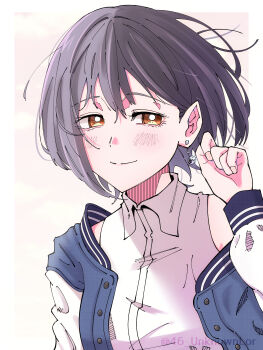 1girl absurdres bang_dream! bang_dream!_it's_mygo!!!!! blue_jacket blush border brown_background brown_eyes chinese_commentary closed_mouth collared_shirt commentary_request dress_shirt earrings falling_petals grey_hair hair_between_eyes hand_up highres jacket jewelry long_sleeves looking_at_viewer open_clothes open_jacket outside_border petals shirt short_hair sleeveless sleeveless_shirt solo takamatsu_tomori tsuyudashimirin twitter_username upper_body white_border white_shirt