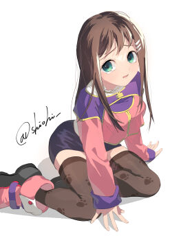 1girl black_thighhighs breasts brown_hair full_body green_eyes hair_ornament hairclip highres long_hair looking_at_viewer open_mouth paw_print pencil_skirt print_thighhighs shiohi simple_background skirt solo sophia_esteed star_ocean star_ocean:_till_the_end_of_time thighhighs white_background