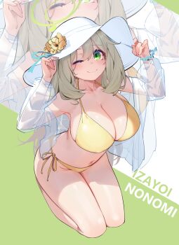 1girl armpits bikini blue_archive blush breasts character_name cleavage closed_mouth full_body green_eyes green_halo groin halo hat highres jacket large_breasts light_brown_hair long_hair long_sleeves looking_at_viewer navel nonomi_(blue_archive) nonomi_(swimsuit)_(blue_archive) official_alternate_costume one_eye_closed open_clothes open_jacket painterliuhao see-through_clothes see-through_jacket smile solo swimsuit white_hat yellow_bikini zoom_layer