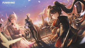 1boy 2girls black_hair building city cityscape copyright_logo copyright_name cyborg highres lee:_hyperreal_(pgr) lee_(pgr) liv:_eclipse_(pgr) liv_(pgr) logo long_hair lucia:_plume_(pgr) lucia_(pgr) multiple_girls official_art ozzingo punishing:_gray_raven short_hair skyline skyscraper tagme very_long_hair white_hair