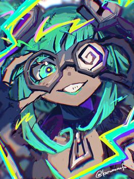 adjusting_eyewear black_gloves blunt_bangs bolt_(hardware) coke-bottle_glasses colored_skin electricity electrokinesis fingerless_gloves fright_night_zeri glasses gloves green_eyes green_hair grey_skin grin hair_ornament karu_monu_fu league_of_legends looking_at_viewer one_eye_covered sidelocks single_fingerless_glove smile stitches twintails zeri_(league_of_legends) zipper_pull_tab