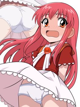 1girl ass blush brooch cameltoe crotch_seam embarrassed flat_chest from_behind from_below gem highres jewelry konjiki_no_gash!! loli long_hair looking_at_viewer multiple_views neckerchief open_mouth orange_eyes panties red_gemstone red_hair red_shirt shirt short_sleeves skirt standing surprised tio_(konjiki_no_gash!!) underwear upskirt white_background white_neckerchief white_panties white_skirt wind wind_lift yume_yoroi