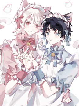 2boys :3 absurdres akinashi_haru animal_ears apron bell blue_bow blue_bowtie blue_dress blue_eyes bow bowtie cat_boy cat_ears chinese_commentary commentary_request crossdressing crossdressing_(mtf) dress frilled_apron frilled_wrist_cuffs frills hand_on_another's_hip highres holding_hands jingle_bell looking_at_viewer loulou83843 maid maid_apron male_focus male_maid matching_outfits multiple_boys neck_bell pink_bow pink_bowtie pink_dress pink_eyes saihate_eki short_hair tatsunami_shion upper_body white_apron wrist_cuffs