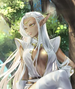 1girl breasts dark-skinned_female dark_elf dark_skin elbow_gloves elf gloves highres long_hair medium_breasts pirotess pointy_ears record_of_lodoss_war sitting_on_branch solo tan thighhighs thighs tree white_hair yellow_eyes