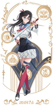 absurdres artist_name black_hair black_skirt blue_eyes blue_sailor_collar boots bow breasts brown_hair buttons clothing_cutout commentary double-breasted gradient_hair hair_bow high_heel_boots high_heels highres holding holding_sword holding_weapon long_hair looking_at_viewer mosta_(lo1777789) multicolored_eyes multicolored_hair original parted_lips patterned_background red_boots red_eyes sailor_collar shirt shoulder_cutout side_ponytail simple_background skirt small_breasts sword symbol-only_commentary thigh_boots thigh_strap thighhighs thighs weapon white_shirt wind zettai_ryouiki