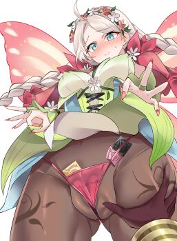 1boy 1girl absurdres ahoge bikini blue_eyes blush bracelet braid breasts brown_pantyhose butterfly_wings cameltoe capelet cleft_of_venus clothes_lift commission commissioner_upload condom condom_wrapper cross-laced_clothes cross-laced_dress deep_skin fairy_wings fingernails fire_emblem fire_emblem_fates fire_emblem_heroes flower flower_bracelet from_below gloves gluteal_fold gradient_clothes groping hair_vines hetero highres insect_wings jewelry kiran_(fire_emblem) leaf_bracelet leather leather_gloves lifting_own_clothes long_fingernails long_hair looking_at_viewer low_twin_braids male_kiran_(fire_emblem) medium_breasts micro_bikini nail_polish nina_(fire_emblem) nina_(resplendent)_(fire_emblem) nintendo non-web_source official_alternate_costume panties pantyhose parted_bangs pink_capelet pink_flower pink_nails pink_panties pov ragnaveldt shy skirt skirt_lift solo_focus swimsuit thigh_grab transparent_background twin_braids underwear vine_bracelet vine_harness vine_print white_flower wings