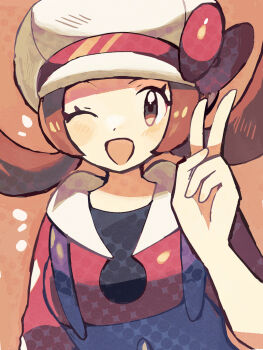 ;d anidler91 blue_overalls bow brown_eyes brown_hair eyelashes hat hat_bow highres looking_at_viewer lyra_(pokemon) newsboy_cap nintendo one_eye_closed open_mouth overalls pokemon pokemon_hgss red_bow red_shirt shirt smile twintails upper_body v white_hat
