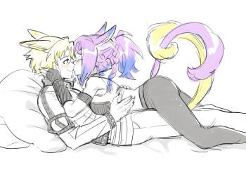 1boy 1girl animal_ears blonde_hair blush cat_boy cat_ears cat_girl cat_tail colored_tips commentary couple dede_(qwea_00000) eutrope_(ff14) final_fantasy final_fantasy_xiv girl_on_top hetero kiss miqo'te multicolored_hair partially_colored pillow purple_hair retsarra_(ff14) symbol-only_commentary tail