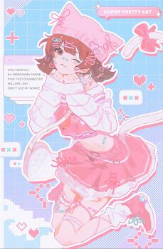 1girl :3 artist_name bag bandaid bandaid_on_face bandaid_on_nose beanie bow cat_hair_ornament cat_tail character_name closed_mouth commentary_request copyright_name english_text full_body grid_background hair_ornament hands_up hat hat_with_ears heart heart-shaped_bag heart_o-ring highres idolmaster idolmaster_million_live! looking_at_viewer midriff nonohara_akane o-ring o-ring_thigh_strap one_eye_closed outline pink_bow pink_hat pink_shirt pink_shoes pink_skirt red_eyes red_hair shirt shoes shoulder_bag skirt sleeves_past_wrists socks solo somosimosi star_(symbol) star_hair_ornament tail tail_bow tail_ornament thigh_strap white_outline white_socks x_hair_ornament