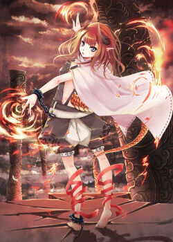 1girl barefoot chain cuffs dragon_girl dragon_horns dragon_tail female_focus fingernails grey_eyes highres horns kaku-san-sei_million_arthur looking_at_viewer million_arthur_(series) official_art pointy_ears red_hair shackles sharp_fingernails short_hair shorts slit_pupils solo tail wait
