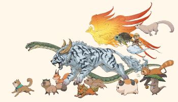 animal animal_focus bird boar byakko_(ff14) cloud dog fangs fat_cat_(ff14) final_fantasy final_fantasy_xiv floating flying fox from_side full_body furi_(ff14) genbu_(ff14) highres horns inugami_(ff14) josh_corpuz kamaitachi_(ff14) komainu komainu_(ff14) kudagitsune_(ff14) monkey no_humans nue_(ff14) open_mouth otter phoenix profile qitian_dasheng_(ff14) red_panda running seiryu_(ff14) senri_(ff14) shiba_inu simple_background snake suzaku_(ff14) tanuki tiger turtle weasel white_tiger yellow_background