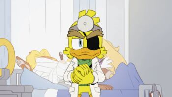 1girl 2boys animated animated_gif antoine_d'coolette bandage_on_face bandages bed blue_eyes bunnie_rabbot dab_(dance) doctor doctor_quack_(sonic) eyepatch hospital_bed joeadok lab_coat multiple_boys ring_(sonic) sonic_(series) sonic_the_hedgehog_(archie_comics)