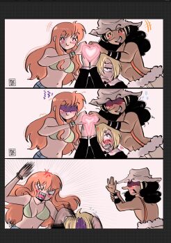 1girl 2boys angry artist_name bangle black_hair blonde_hair blush bracelet breasts cleavage grin hat highres jewelry log_pose long_hair long_nose looking_at_another midriff multiple_boys nami_(one_piece) navel one_piece orange_hair pervert sanji_(one_piece) smile source_request usopp wild_girl_nest