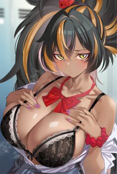 1girl :o absurdres bare_shoulders black_bra black_hair blush bow bowtie bra breasts cleavage collarbone colored_inner_hair commentary commission crossed_bangs dark-skinned_female dark_skin dice_hair_ornament english_commentary eyebrow_piercing face_piercing green_eyes gyaru hair_between_eyes hair_ornament hands_on_own_chest highres huge_breasts lace lace-trimmed_bra lace_trim long_hair looking_at_viewer multicolored_hair nail_polish off_shoulder orange_hair original parted_lips piercing pink_hair pink_nails ponytail red_bow red_bowtie red_scrunchie scrunchie shirt skindentation solo steaming_body streaked_hair sweat tsunamagu underwear upper_body very_long_hair vgen_commission white_shirt wrist_scrunchie