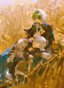 2boys absurdres anaxa_(honkai:_star_rail) aqua_hair black_gloves black_jacket blue_cape cape coat earrings eyepatch gem gloves grass grey_hair highres honkai:_star_rail honkai_(series) jacket jewelry lapels male_focus medium_hair multiple_boys notched_lapels phainon_(honkai:_star_rail) red_gemstone short_hair side_ponytail single_earring virtualbody white_coat